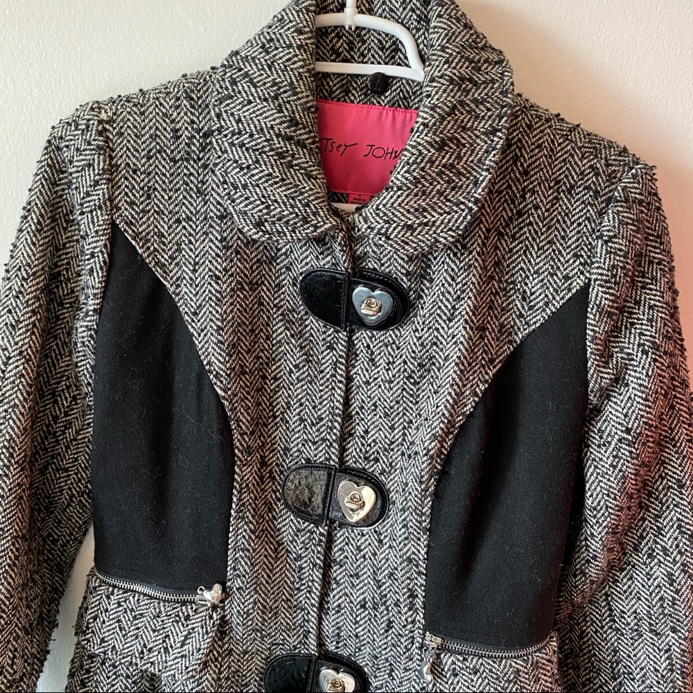 Betsy Johnson Herringbone Wool Peplum Dress Coat Size 6 - Picture 3 of 15